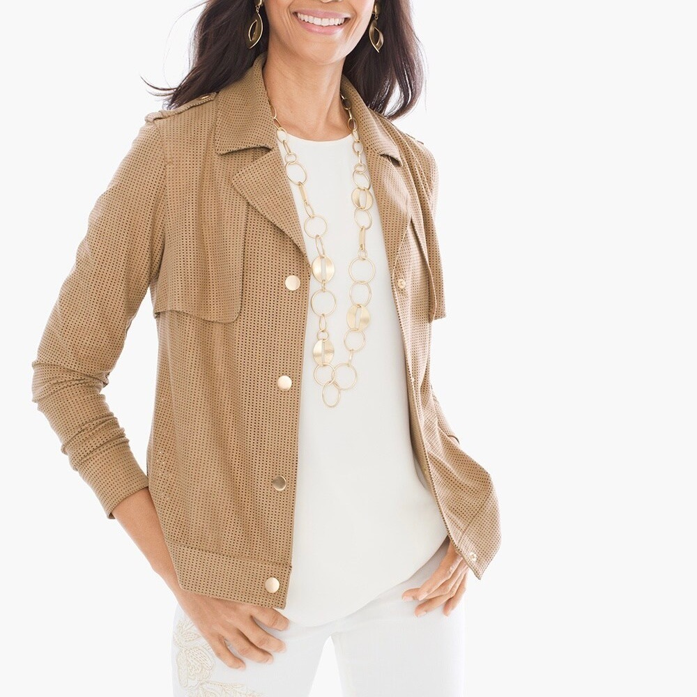 Chicos Foiled Perforated Jacket Vegan Faux Suede Tan Metallic Stretch Moto Sz 0